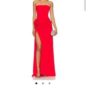 NBD Strapless Red Gown with Floral Detail
